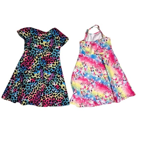 Lot if 2 Unbranded Girls Sz 8 Dresses Animal Print Rainbow Unicorn Cat Kawaii - Picture 2 of 3